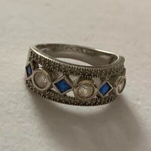 YGI 925 Sterling Silver Art Deco Style Blue & Clear Gems Wide Band Ring Sz 5.75